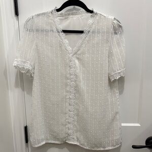 V-Neck White Lace-Trim Swiss Dot Blouse
